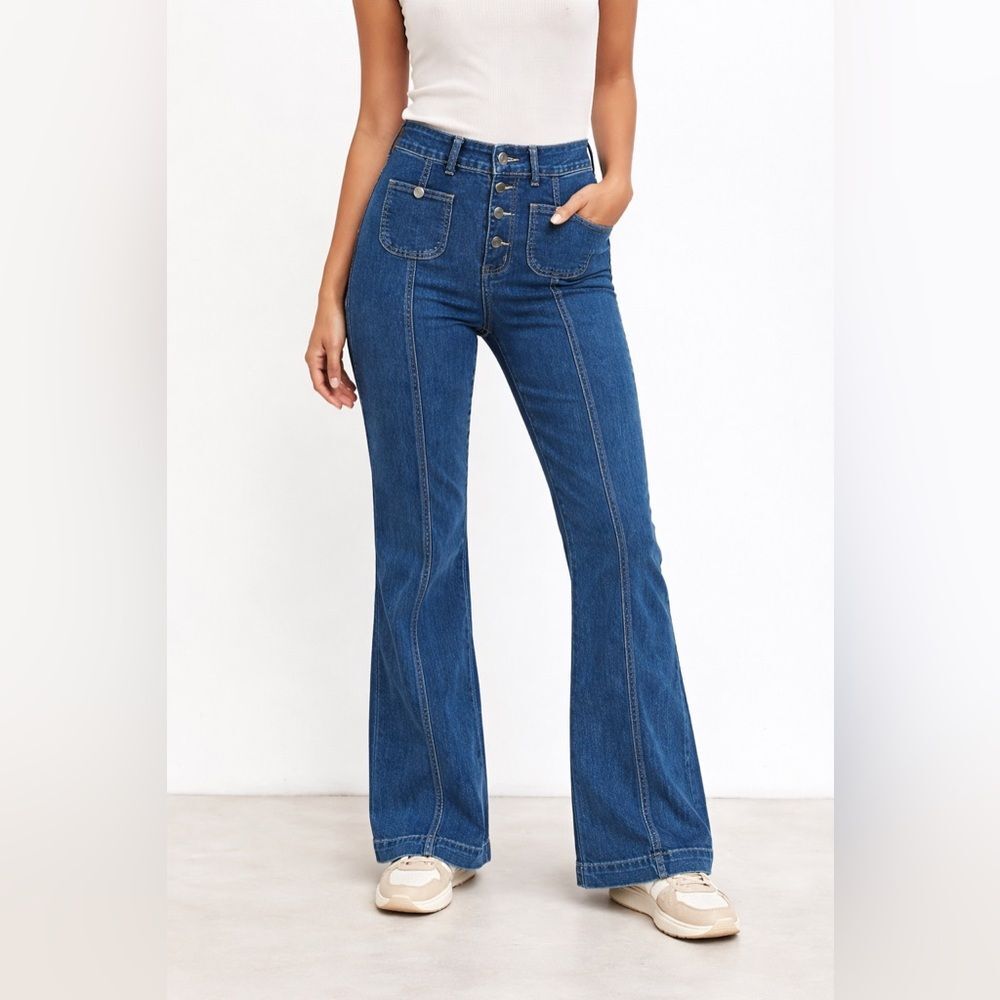 Womens L High Rise Flare Jeans Button Fly Patch Pocket 70s Retro Stretch